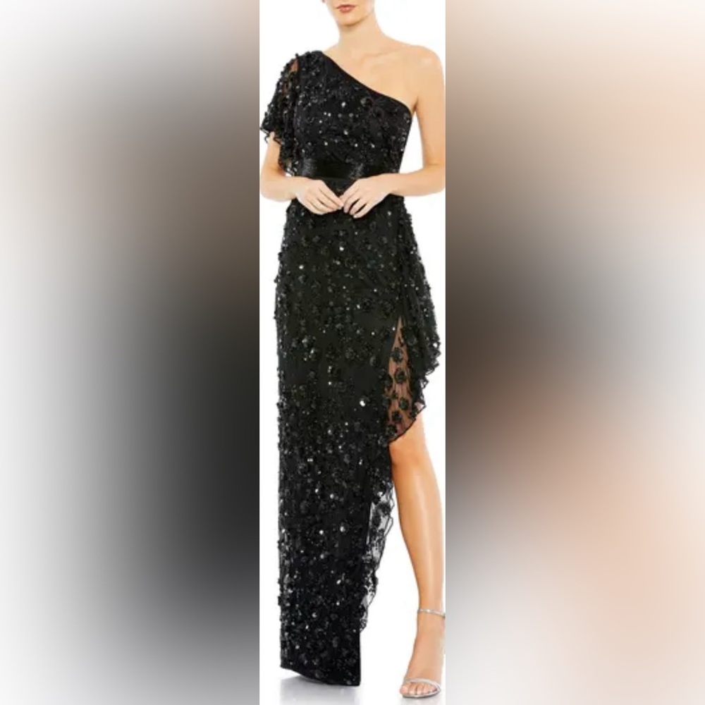 NWT MAC DUGGAL SZ 6 Black Sequined Beaded One Shoulder Evening Gown #93687